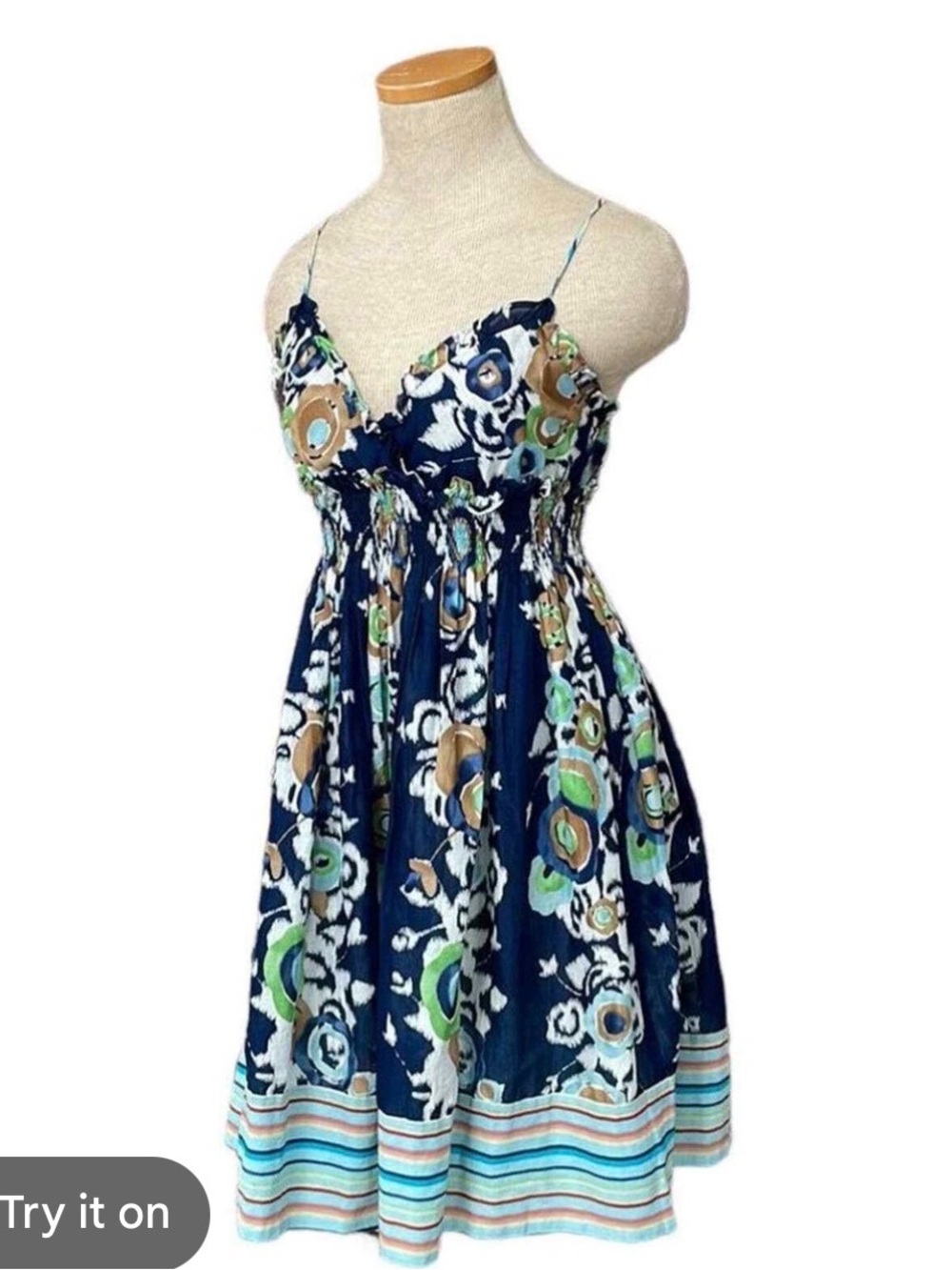 BCBGMaxAzria Navy Floral Spaghetti-Strap Sundress with Green and Tan Accents